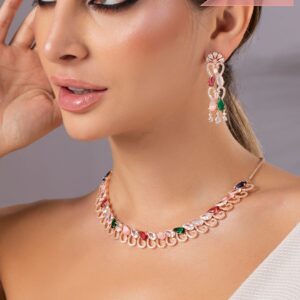 24K Rose gold plated Diamonds and multi coloured stone studded Necklace set
